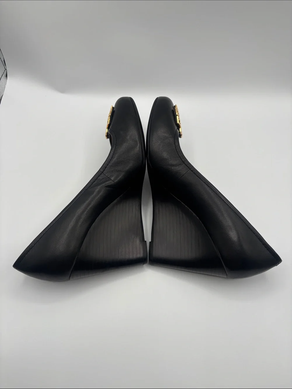Tory Burch Black Leather Logo Wedges